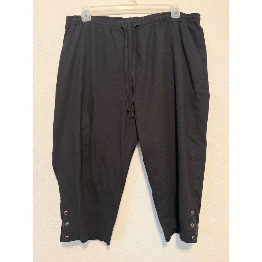 Cathy Daniels Black Cotton Capri Pants Drawstring Waist Button Hem XL